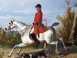 a painting of a man riding a horse with a dog nearby