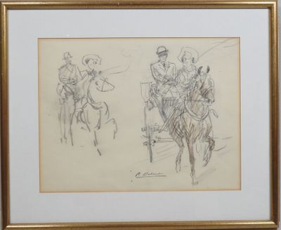 drawing of two men riding horses in a line with a horse drawn behind them