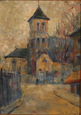 an oil painting of a church with a steeple on the top of it