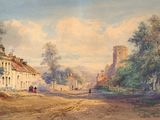 tableau représentant une scène de rue avec un château en arrière-plan