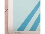 a close up of a picture of a blue and red poster on a wooden floor