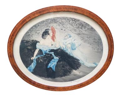 tableau représentant une femme en robe bleue assise sur une autruche