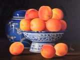 a painting of a bowl of peaches on a table