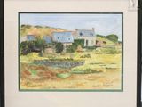 aquarelle encadrée représentant une scène de campagne avec une maison en arrière-plan