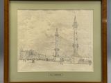 une image représentant un dessin d'une tour horloge au cœur d'une ville