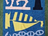 une image représentant une serviette bleue et verte sur laquelle figurent un cheval et un bateau