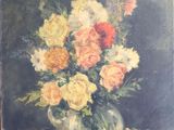 une peinture à l'huile représentant un vase de fleurs sur une table