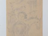 drawing of a woman riding a horse with a man on the back