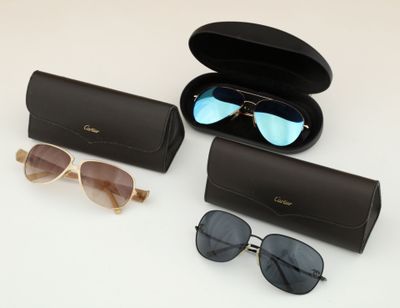 three pairs of sunglasses and a case on a white surface