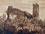 dessin représentant un château sur une colline, avec une rivière au premier plan et des arbres au premier plan