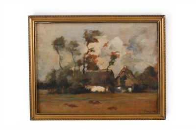 une peinture à l'huile représentant une scène de vie à la ferme avec des moutons dans un champ