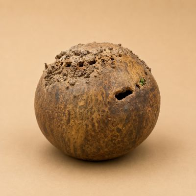 une petite balle percée d'un trou, posée sur une table