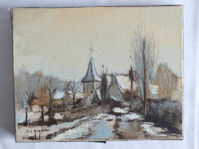 une peinture à l'huile représentant un village enneigé avec une église en arrière-plan