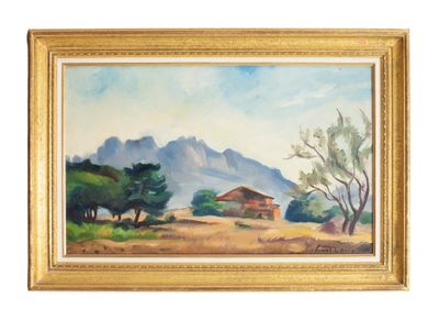 a painting of a farm scene with mountains in the background