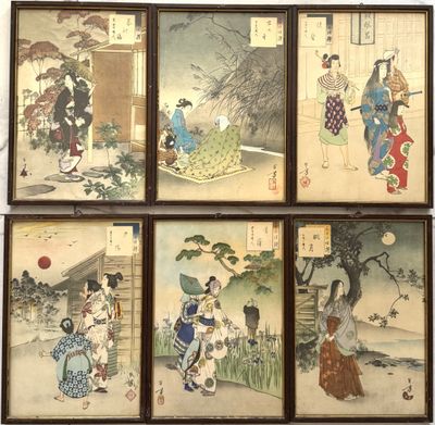 six tableaux asiatiques encadrés représentant des femmes et des enfants dans un jardin