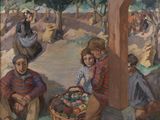 an image of a painting of a group of people sitting under a tree