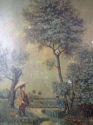 un tableau représentant un homme et une femme avec un parapluie
