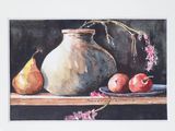 a painting of a vase and fruit on a table