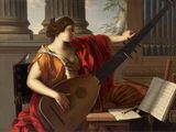 a painting of a woman sitting on a chair playing a lute