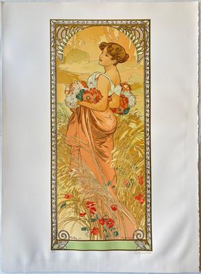 tableau représentant une femme tenant un bouquet de fleurs dans un champ
