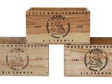 three wooden boxes with logos on them are stacked on top of each other