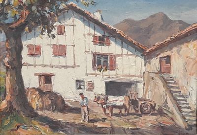 a painting of a man and a horse in front of a building