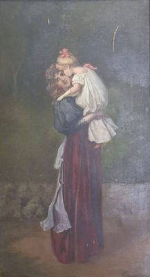 tableau représentant une femme tenant un enfant dans ses bras au milieu d'un bois