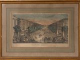 une vieille photo représentant une peinture d'une ville avec des personnages et des bâtiments