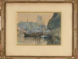 an image of a painting of boats in a harbor with a castle in the background