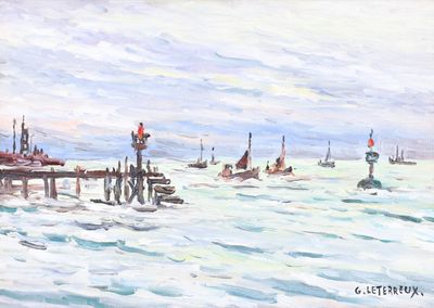 un tableau représentant des bateaux sur l'eau près d'un embarcadère