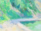 une peinture à l'huile représentant une rivière avec un pont en arrière-plan