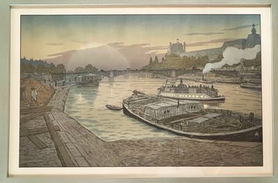 a picture of a picture of a river with boats