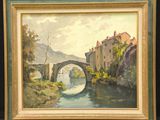 une peinture à l'huile représentant un pont sur une rivière avec un bâtiment à l'arrière-plan