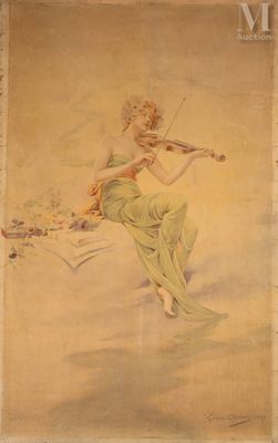 an old painting of a woman playing a violin in a green dress