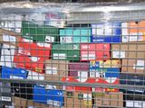 a metal cage filled with boxes of different types of items