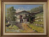une peinture à l'huile représentant une ferme dans un cadre champêtre