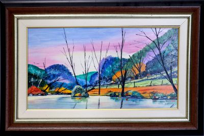 painting of a landscape with trees and a river in the foreground