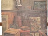 painting of a living room with furniture and a statue on the wall