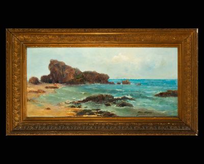 un tableau représentant une scène de plage avec des rochers et de l'eau