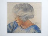 painting of a woman in a blue shirt and a white hat