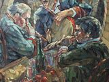 painting of a group of men sitting around a table drinking wine