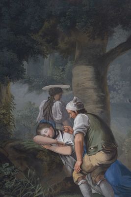 a painting of a couple of people in a wooded area