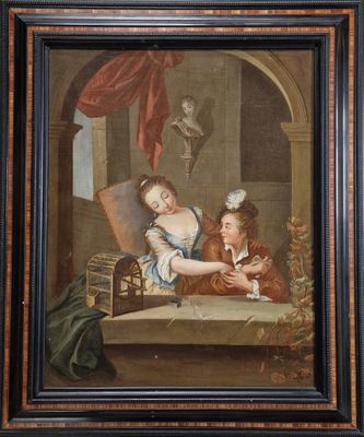 une peinture à l'huile représentant deux enfants jouant avec un chat sur une table