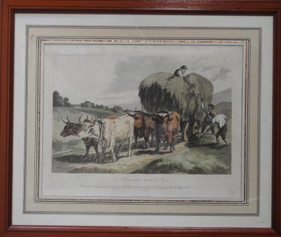 tableau représentant un groupe de vaches et un homme avec une charrette chargée de foin