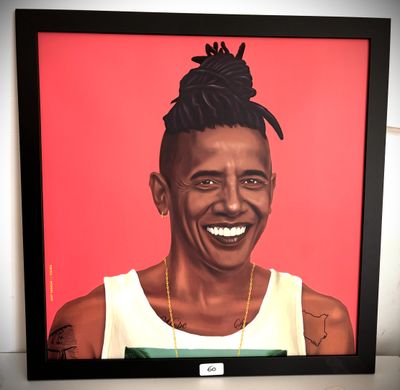 tableau représentant un homme souriant aux dreadlocks sur fond rouge