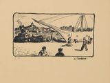 une image représentant un dessin de personnes sur une plage près d'un bateau