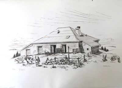 dessin représentant une scène de vie à la ferme avec des vaches et une grange