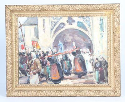 an oil painting of a group of people in front of a building
