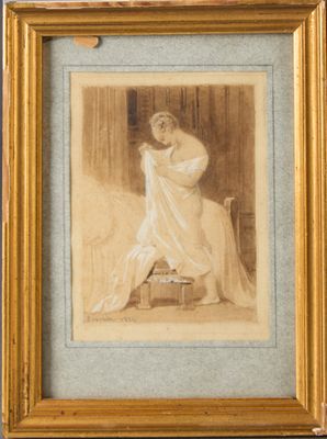an old picture of a woman sitting on a chair in a room