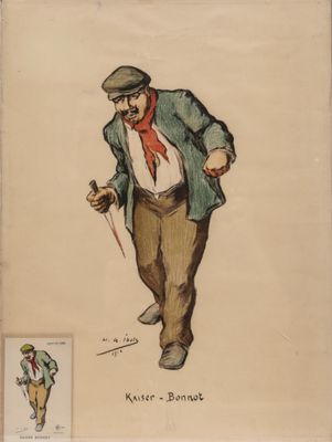 drawing of a man in a suit and tie walking with a cane